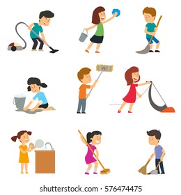 children help their parents with household chores. vector illustration.