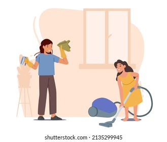 Children Helpers Cleaning Home, Vacuuming Carpet, Washing and Wiping Dust. Girls Siblings Characters Domestic Housework Activities, Helping to Parents, Daily Chores. Linear Vector Illustration