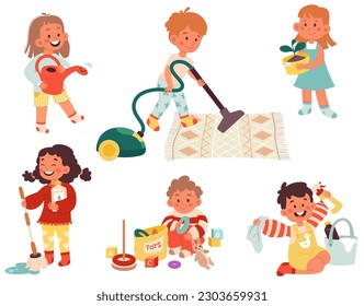 Children helpers flat illustrations set. Funny girls and boys cleaning house by vacuum cleaner, disinfect surface, watering and take care of houseplant. House Cleaning design elements