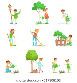 Children Helping In Eco-Friendly Gardening, Collecting Fruit, Cleaning Up Outdoors, Recycling The Garbage And Watering Sprouts