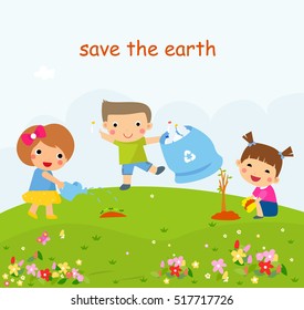 Children Helping In Eco-Friendly Gardening, Planting Trees, Cleaning Up Outdoors