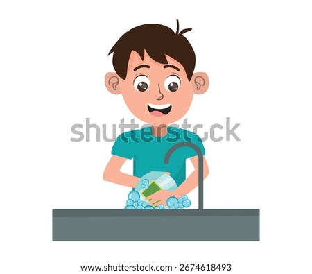 children helping with housework, boy cleaning the house 