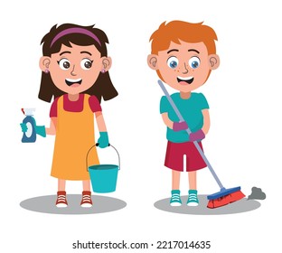 children helping with housework, boy and girl cleaning the house 