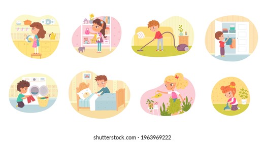 Children helping with housework set. Boys and girls help washing dishes, vacuum cleaning, putting toys and clothes in order, doing laundry, making bed, watering plants vector illustration.