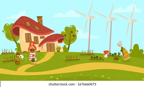 Children Helping Mother At Kitchen Garden, Vector Illustration. Cute Little Girls Help Grandmother Pick Vegetables. Countryside Lifestyle In Eco Friendly Cottage, Happy People Gardening, Grandchildren