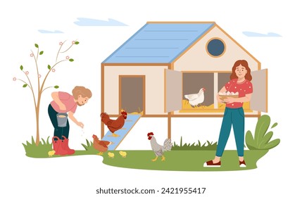 Children helping on a farm in a chicken coop. Cartoon girls feeding chicken and chicks in contact zoo. Vector illustration isolated on white background