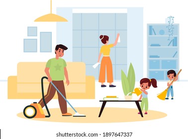 Children helping parents. Family joint house cleaning in living room interior. Cartoon father, mother and little kids tidy household, people washing and vacuuming. Housekeeping chores vector concept