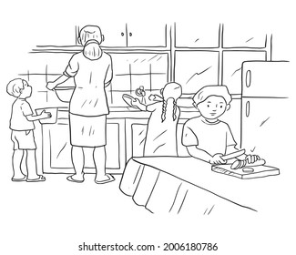 Children helping their mother in the kitchen illustration