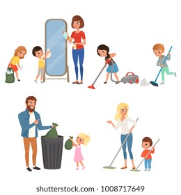 Children Helping Their Parents With Housework. Sweeping, Vacuuming, Washing Floor, Throwing Out Garbage, Cleaning Mirror. Cartoon Kids Characters. Flat Vector Design