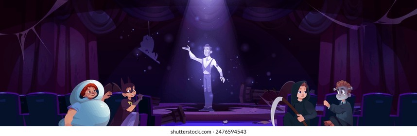 Children hiding from ghost in abandoned theater. Vector cartoon illustration of scared kids in Halloween costumes sitting on floor, dead actor silhouette in spotlight on broken stage, dusty curtains
