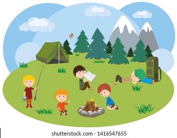 Children in a hike. Boys and girls around the campfire in the meadow. Campfire camping.