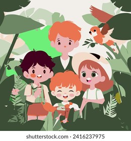 children hiking in the forest