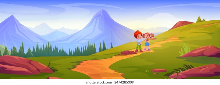 Niños caminando en las montañas. Ilustración de dibujos animados de Vector de niño y niña feliz caminando por un sendero en la colina verde con piedras, picos rocosos y árboles forestales en el horizonte, vacaciones de verano aventura