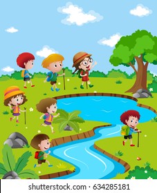 Children hiking up the river illustration