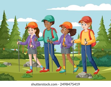 Children hiking together in a lush forest