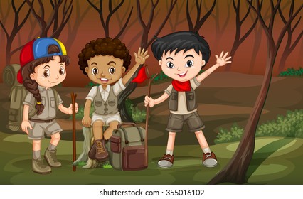 Children hiking in the woods illustration