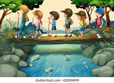 Children hiking in the woods illustration