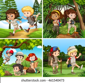 Children hiking in the woods illustration