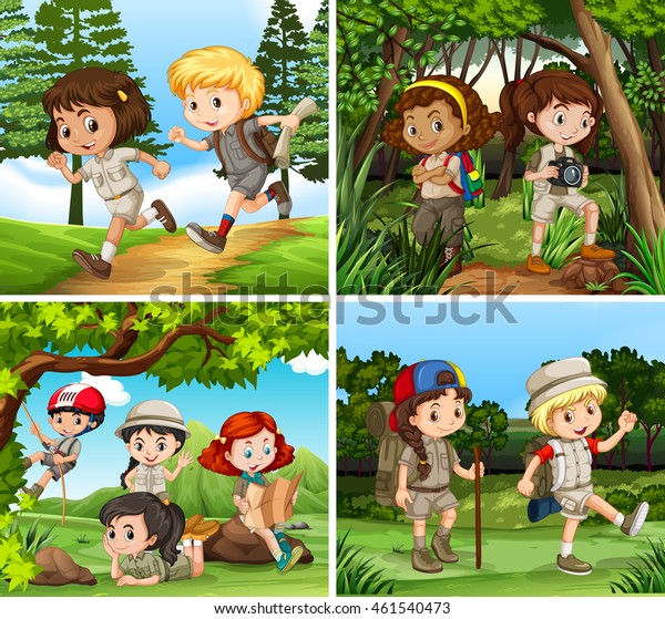 Children Hiking Woods Illustration Stock Vector (Royalty Free) 461540473