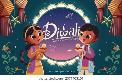 Children in hindu traditional attire holding oil lamps on festive Diwali Festival background.