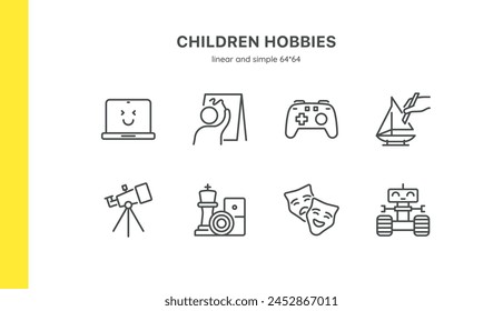 Children Hobbies and Activities Icon Set: Art, Science, and Technology. Drawing, Painting, Coding, Video Gaming, Robotics, Astronomy, Theater Acting, Board Games, DIY Projects. Editable Vector Signs