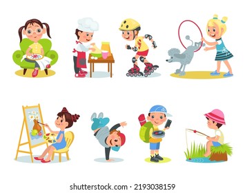 Children hobbies. Cartoon kids characters with different interests. Boys and girls with favorite attributes. Teenagers painting or training dog. Handicraft activities