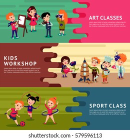 Children hobbies education horizontal banners with different kids interests and school classes vector illustration