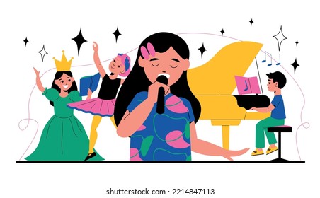 Children Hobbies Flat Composition With Boys And Girls Dancing Singing Playing Piano And Doing Drama Vector Illustration