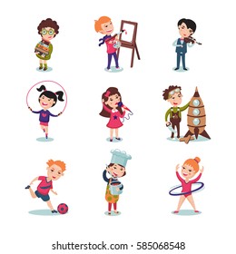 Children hobbies set with music painting sport cooking and designing interests isolated vector illustration 