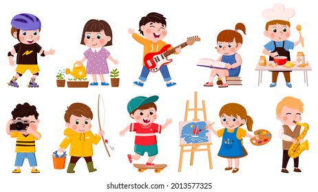 Children hobby. Cartoon school or preschool kids cook, read, draw and play music, creative childrens hobbies vector illustration set. Active kids hobbies. Hobby in childhood, school and kindergarten