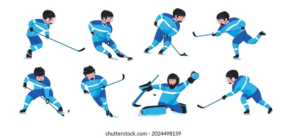 Children hockey players in different dynamic poses. Set of characters in cartoon style on a white background.
