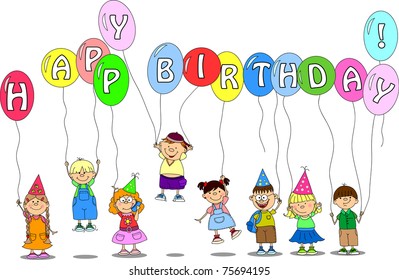 children hold balloons, greeting card, vector