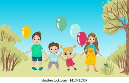 Children hold balloons, on nature in the park, walk with friends on their birthday. Congratulations on the holiday, different children, boys and girls. Cartoon flat style character on background