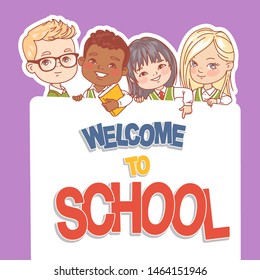 Children hold banner. Multinational kids smiling, holding books. Girls and boys of diverse nations back to school. International school design. Caucasian, asian, african, hispanic.Vector illustration.