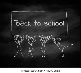 Children hold banner with text: Back to school. Sketch vector black and white illustration. Drawing with chalk on chalkboard.