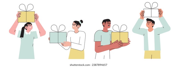 Children hold birthday gift boxes. Boys and girls with birthday presents set or collection isolated on white. Vector cartoon illustration of holiday celebration. Happy children receive gifts.