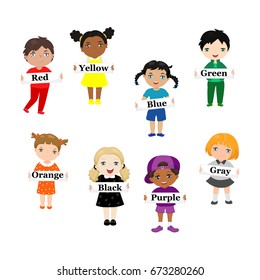 Children hold cards with color names. Dressed in color clothing written on the card. Funny kids of different races with various hairstyles. 