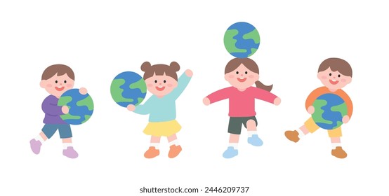 Children hold the Earth in various poses.