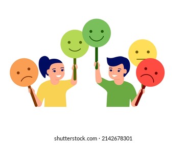 Children Hold Face Masks Expressing Emotions And Change Mood. Emotional Intellect, Education, Learn Control Emotion, Play Role. Boy And Girl Choice Emoticon On Plate. Vector Illustration