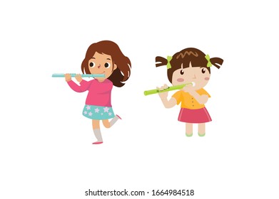 Children Hold The Flute Music Instrument Vector Illustration