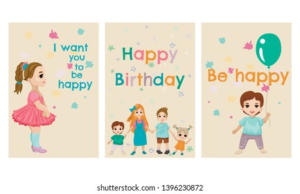 Children hold hands, a girl in a dress, a boy with a balloon. Greeting cards with wishes, happy birthday and happiness. Cartoon flat style illustration.