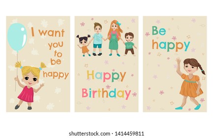 Children hold hands, a girl in a dress, a kid with a balloon. Greeting cards with wishes, happy birthday and happiness. Cartoon flat style illustration.