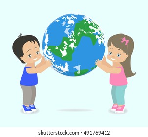 Children hold planet Earth. Vector illustration