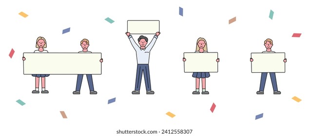 Children hold posters. Educational activities in school, kindergarten. Children vote and hold an action. Space for text. Vector illustration . Children engage in social activities.EPS10
