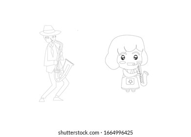 Children Hold Saxophone Music Instrument Vector Outline Illustration