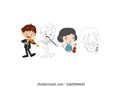 Children Hold Violin Music Instrument Vector Outline Illustration Bundle