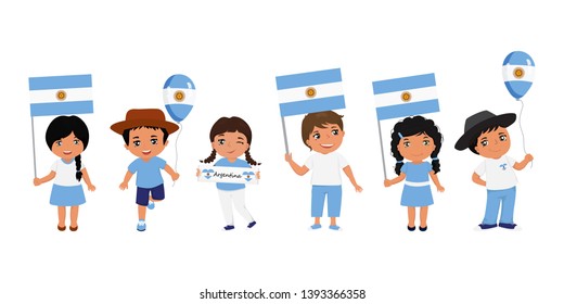 children holding Argentine flag. Vector illustration. Modern design template