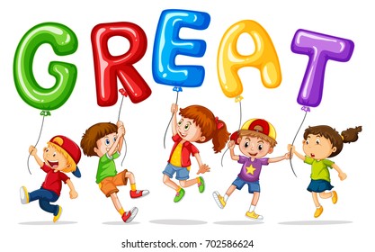 Children holding balloons with word great illustration