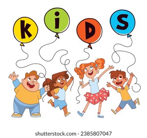 Children holding balloons with the word Kids. Colorful cartoon characters. Funny vector illustration. Isolated on white background