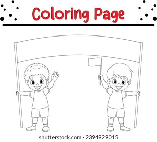 niños con grandes banderas en blanco coloreando página